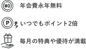 年会費永年無料 いつでもポイント2倍 毎月の特典や優待が満載