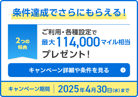 条件達成でさらにもらえる！2つの特典 ご利用・各種設定で最大111,000マイル相当プレゼント！キャンペーン詳細や条件を見る 2025年1月15日（水）まで