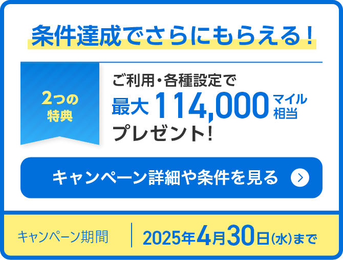 条件達成でさらにもらえる！2つの特典 ご利用・各種設定で最大111,000マイル相当プレゼント！キャンペーン詳細や条件を見る 2025年1月15日（水）まで