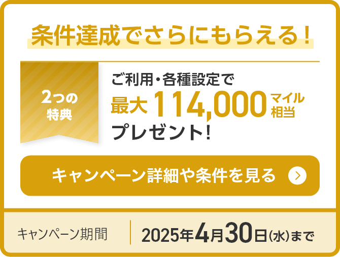 条件達成でさらにもらえる！2つの特典 ご利用・各種設定で最大111,000マイル相当プレゼント！キャンペーン詳細や条件を見る キャンペーン期間2025年1月15日（水）まで